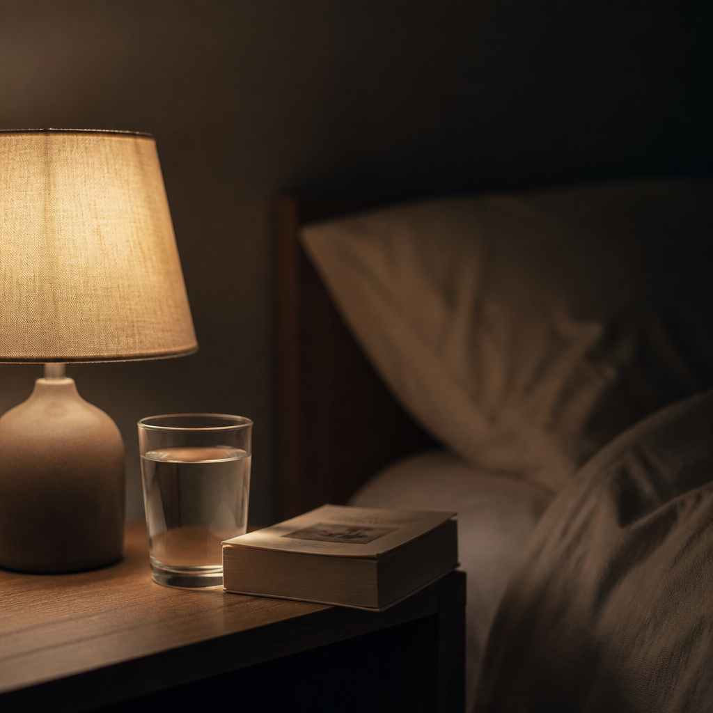 A dim bedside lamp beside a paperback and a glass of water in an otherwise dark room.