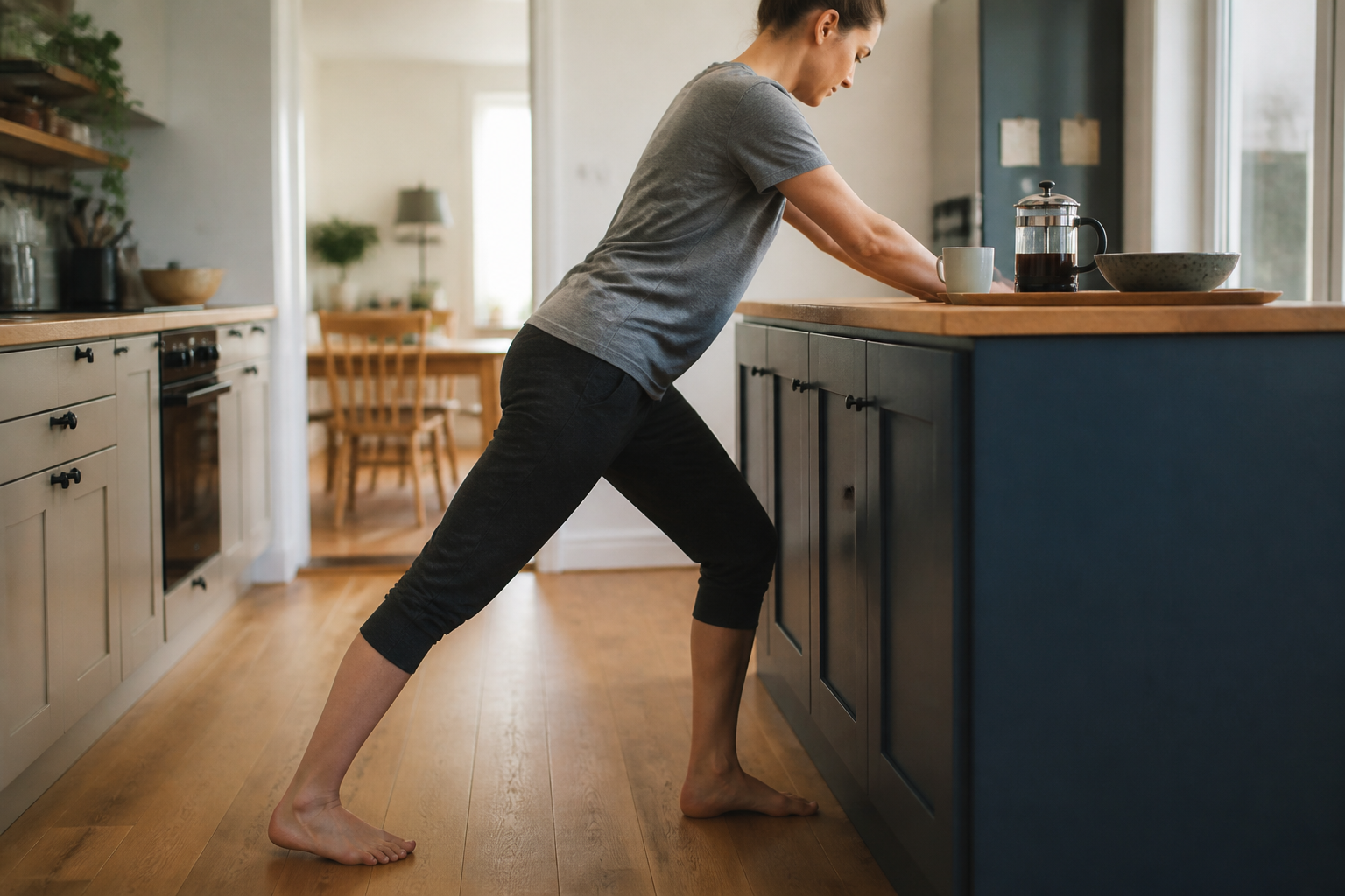 Someone leaning on a kitchen counter with one leg back and the heel pressed down in a calf stretch.