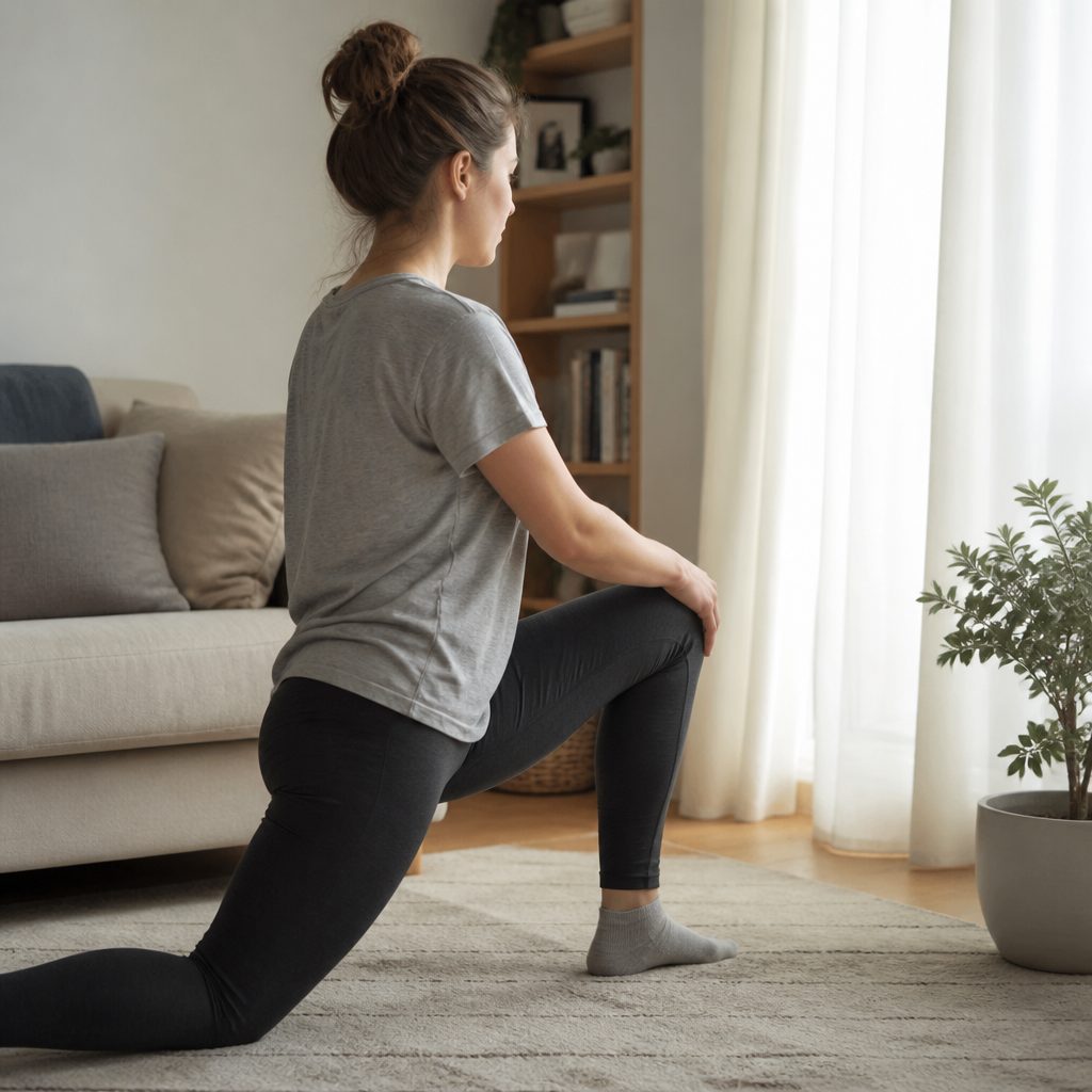 A supported hip flexor stretch on a living-room rug.