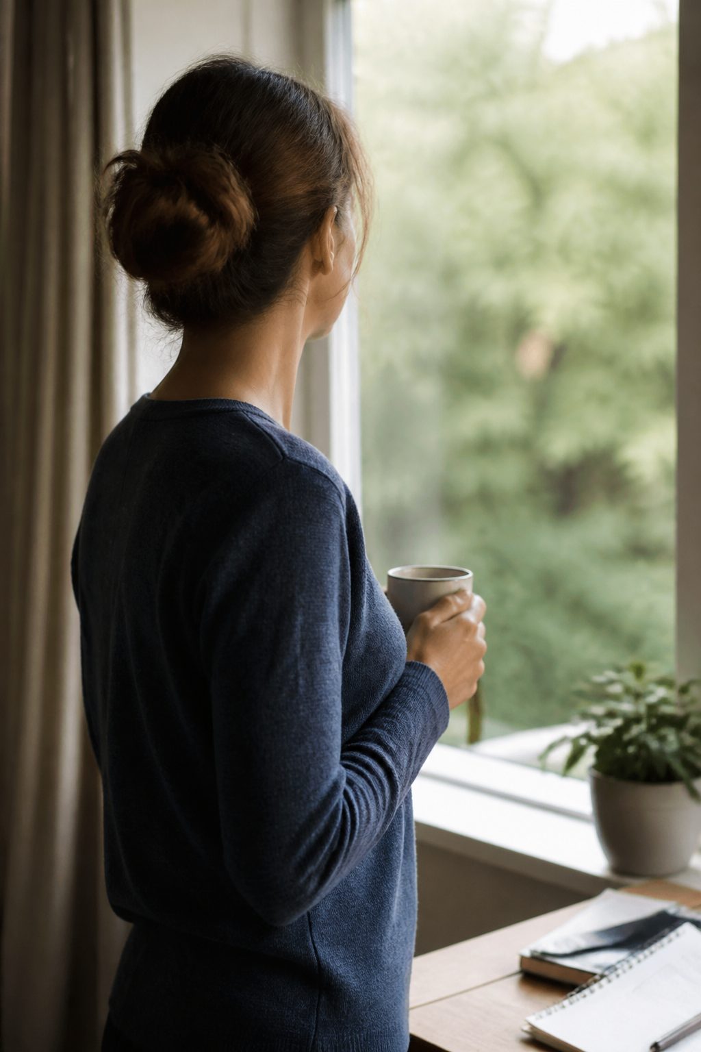 Someone pausing at a window with a cup of tea, shoulders dropped.