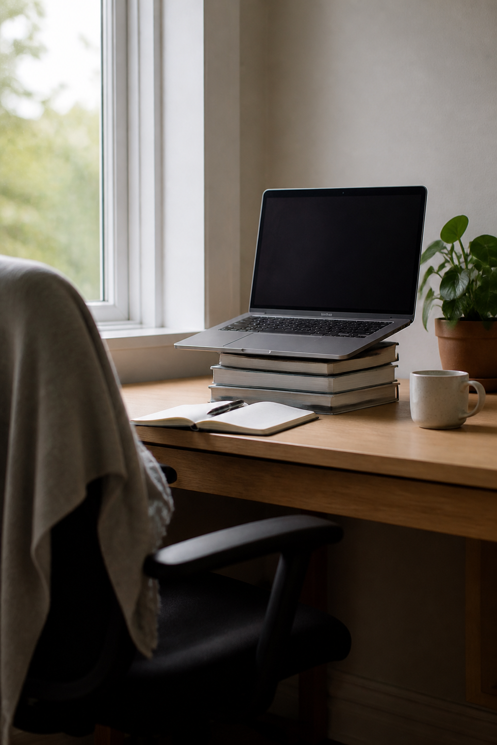 A home desk beside a window with the laptop raised on a stack of books and the chair pulled close.