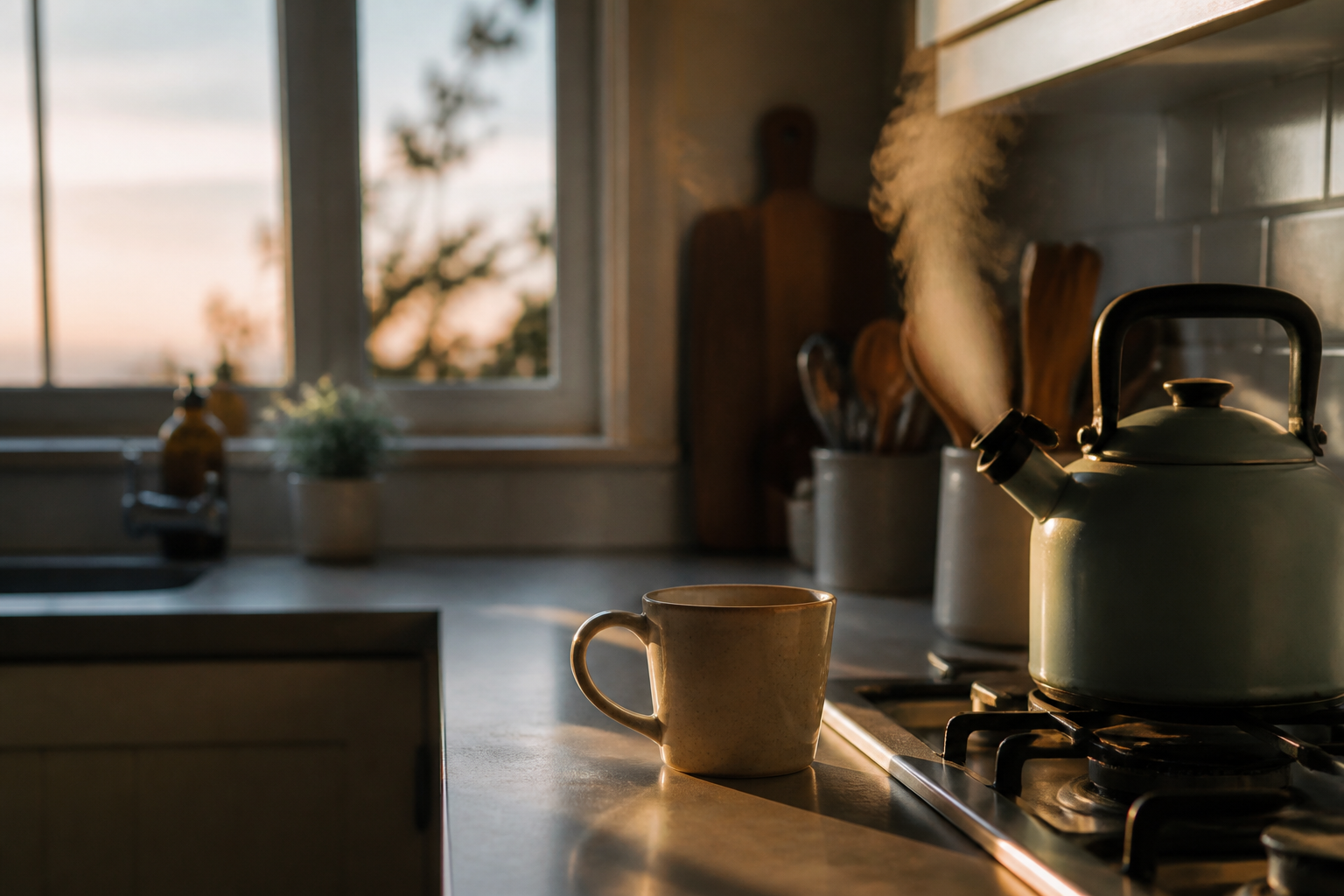A kitchen in early light with a kettle beginning to steam and a mug set out.