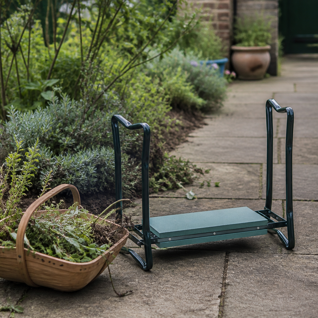 A garden kneeler with handles set on a path beside a half weeded border and a trug of cuttings.