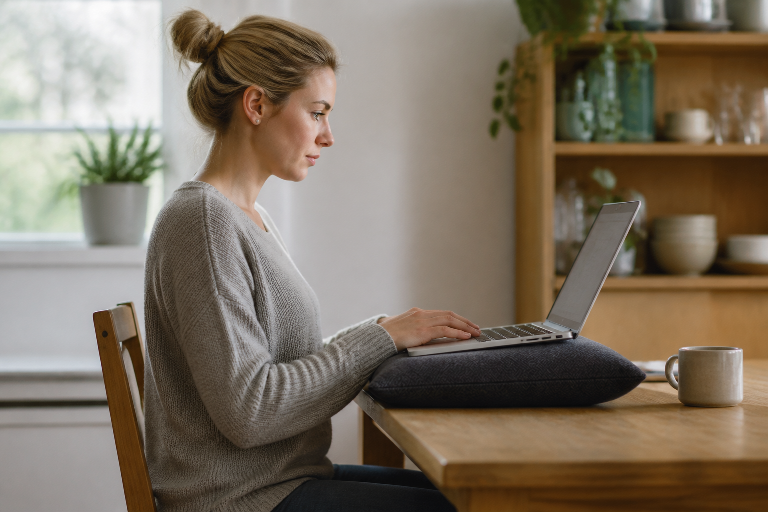 A laptop balanced on a cushion on someone's lap on a sofa, with the screen tilted upwards.
