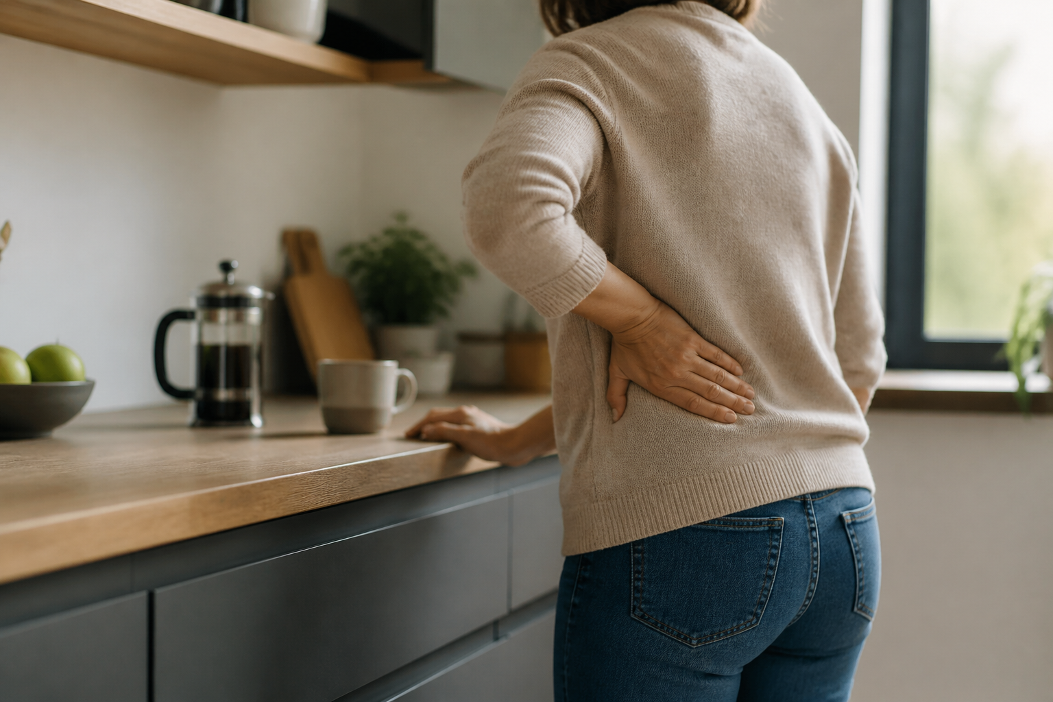 A person standing at a kitchen counter with one hand resting on their lower back.