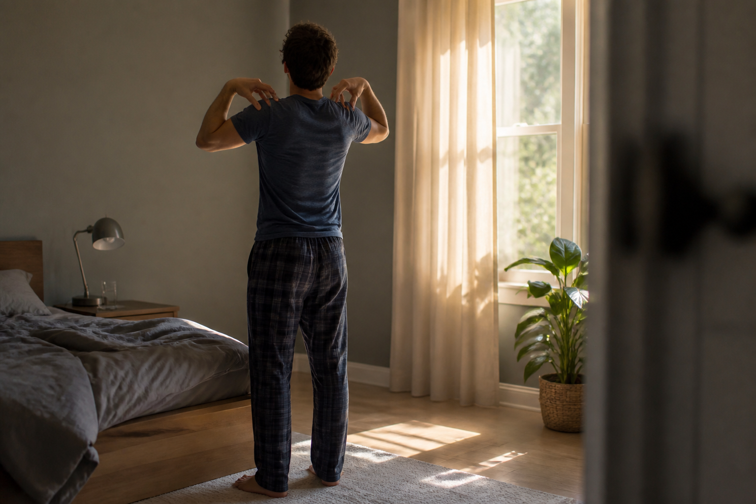 Early morning light across a bedroom floor as someone rolls their shoulders back before dressing.