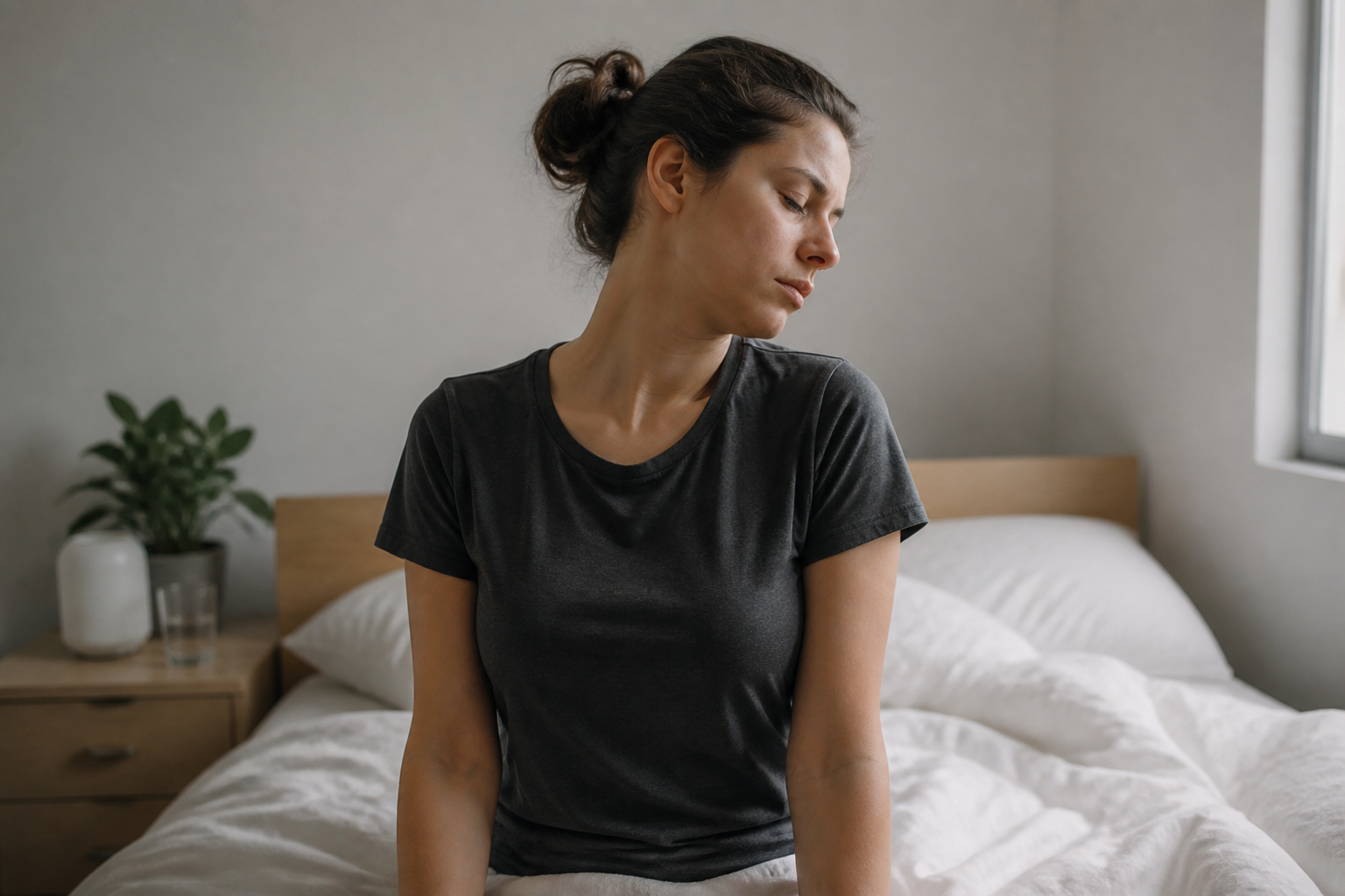 Someone sitting on the edge of a bed in morning light, turning their head slowly to one side.