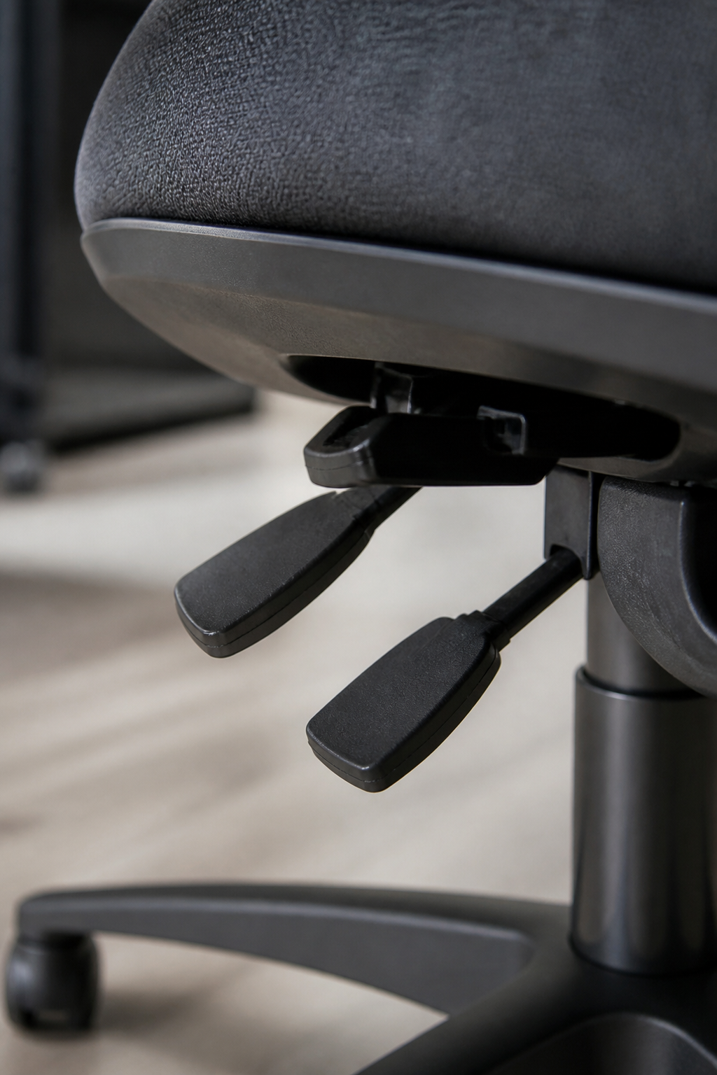 A close view of the adjustment levers underneath the seat of a task chair.