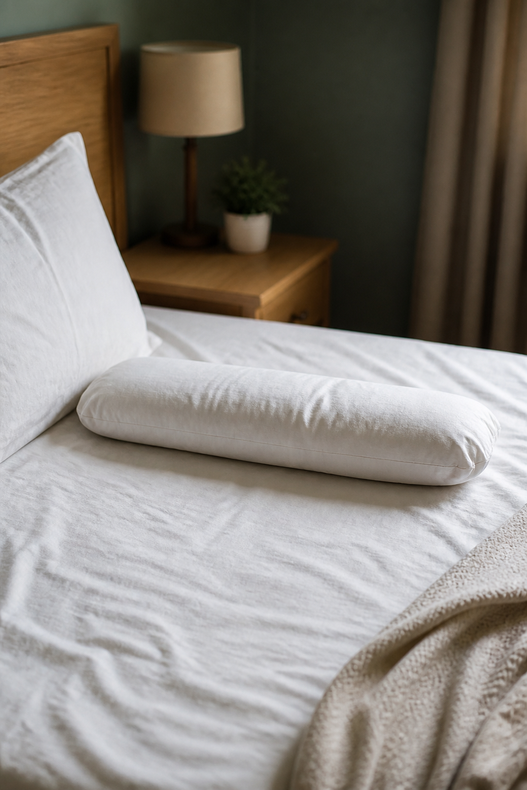 A made bed with a firm pillow placed lengthways where a side sleeper's knees would rest.