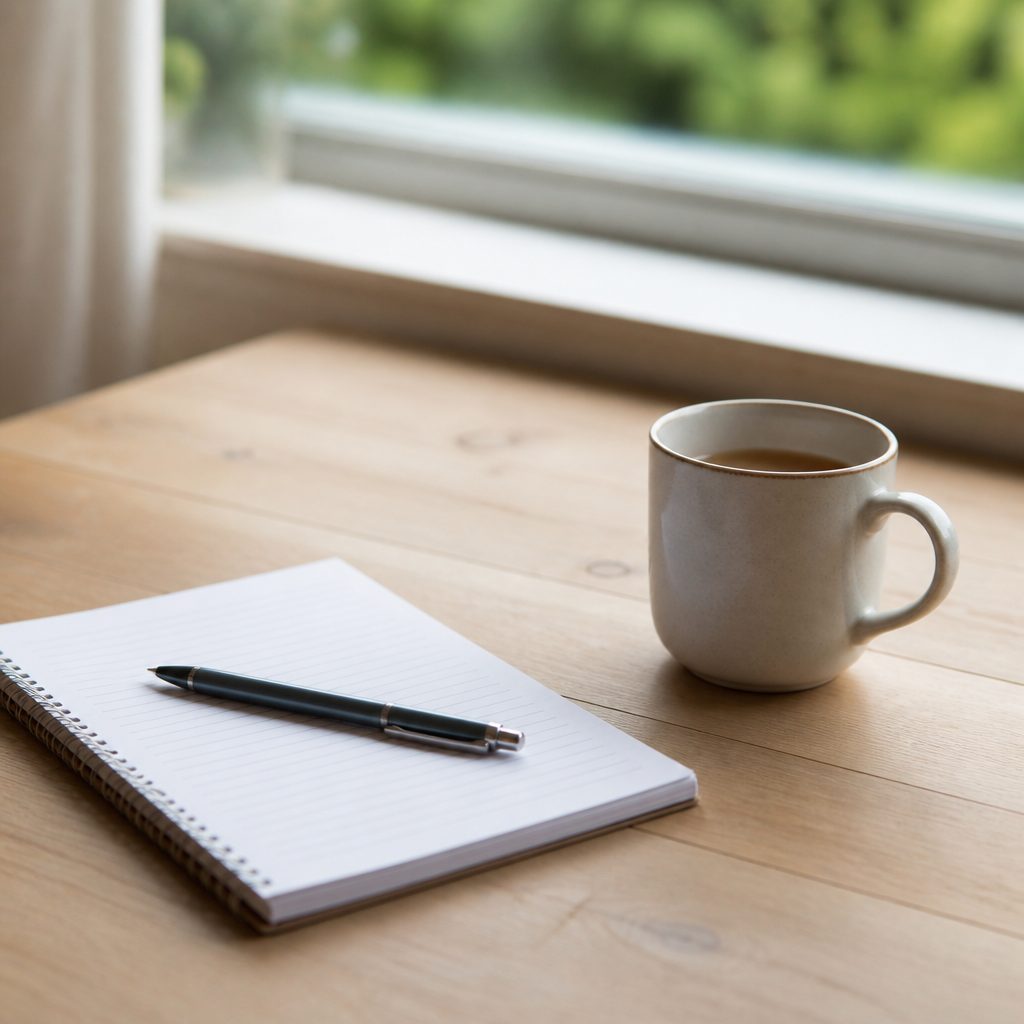 A notebook and a mug on an editor