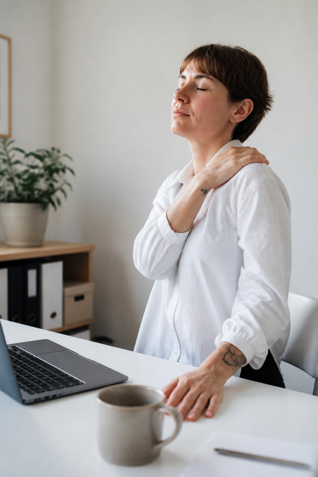 Someone at a desk rolling one shoulder backwards, away from the keyboard.