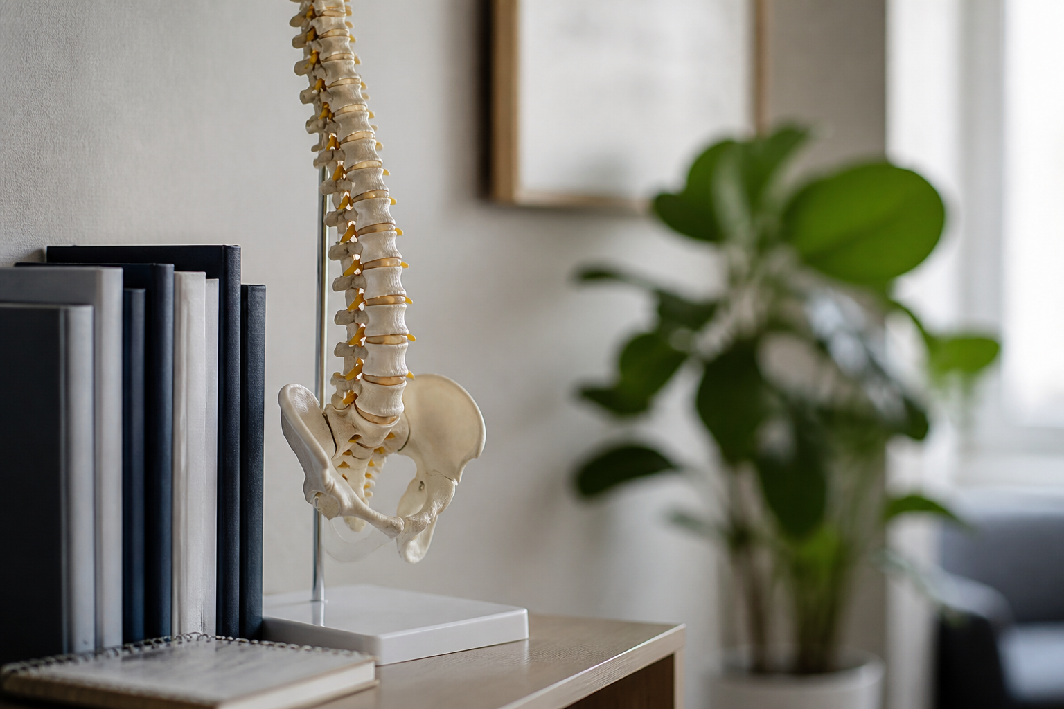An anatomical model of the spine standing on a shelf beside reference books and a notepad.