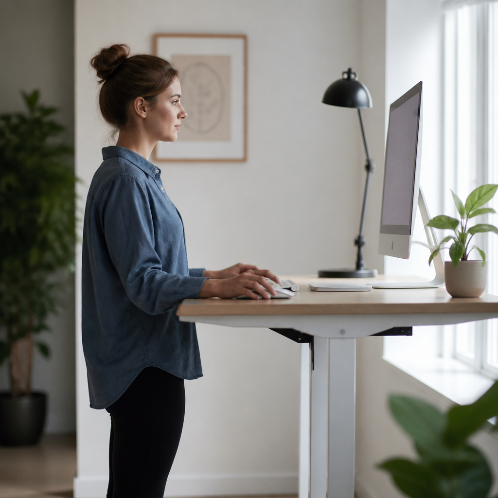 A person seen from the side at a raised desk, weight even and the screen level with their eyes.