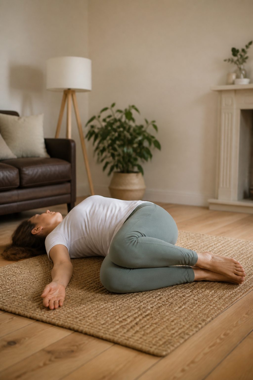 Knee rolls being done on a living-room floor.