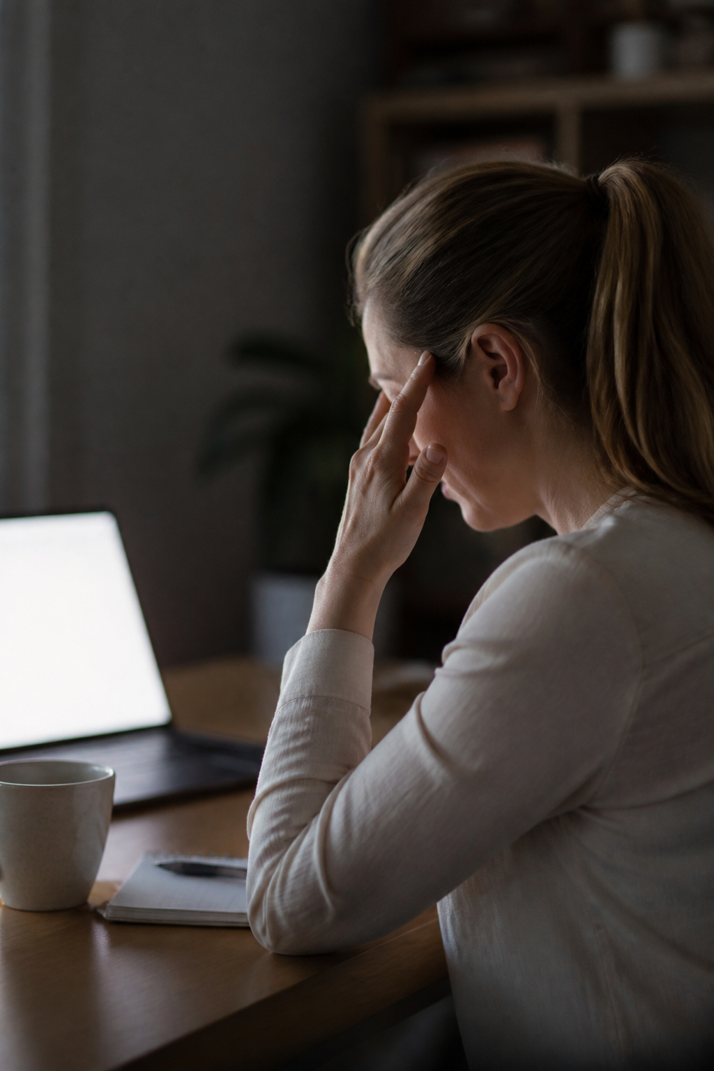 Someone pressing their fingers to their temples in front of a bright screen in a dim room.