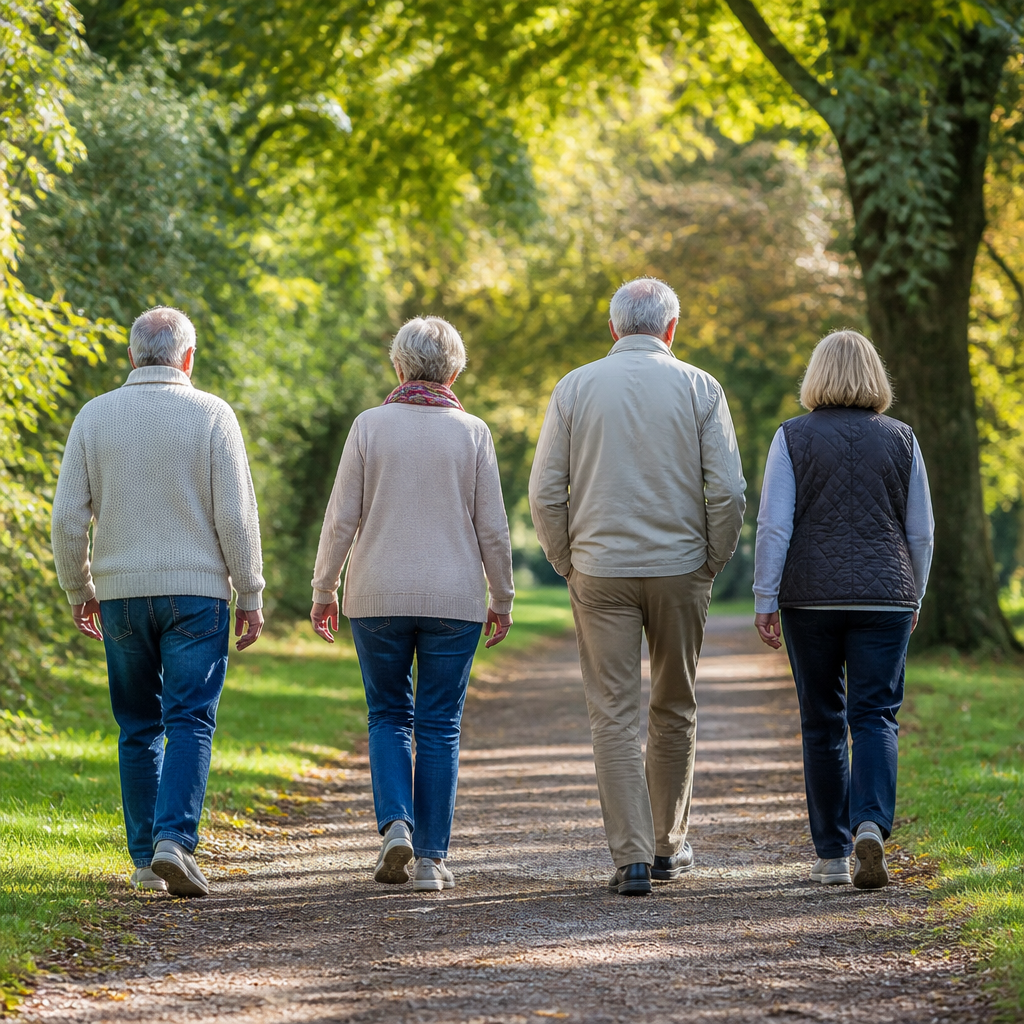 A group of older adults walking together along a park path on a bright morning.